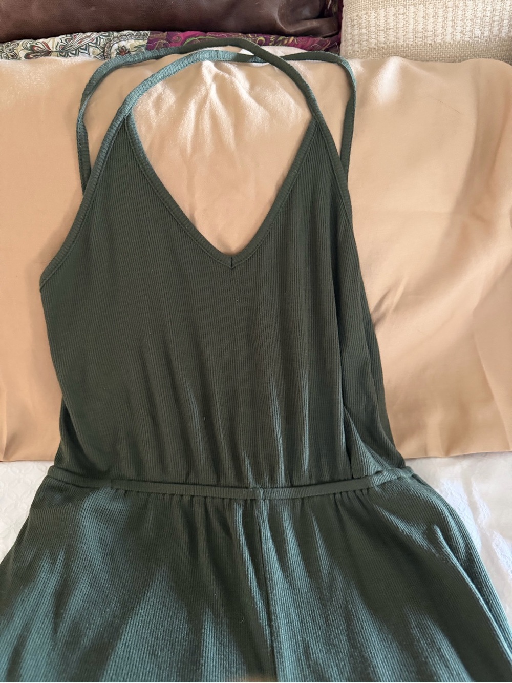Sleeveless Olive Jumpsuit With Halter like Style Neckline.
